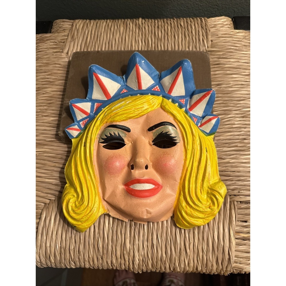 Vintage Plastic Mask 1960s Halloween Crown Lady Liberty Ben Cooper style w/strap